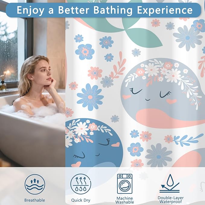 No Hook Shower Curtain with Snap-in Liner, Shower Curtains for Bathroom with Weighted Bottom & See Through Top Window, Cute Whale Fabric Shower Curtain for Home, Dormitories, and Hotel, 71 x 74 Inch