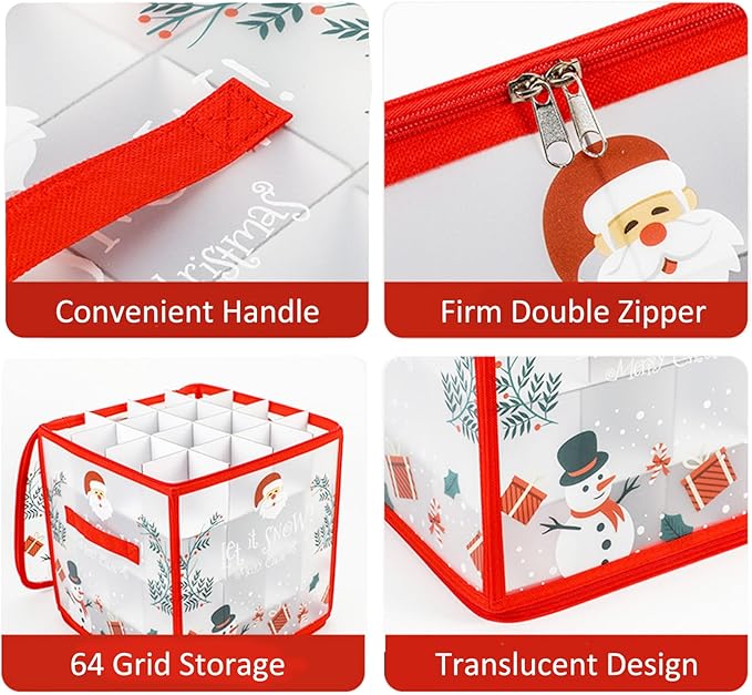Pwsap 64 Christmas Ornament Storage Box with Handles, Santa Claus Storage Containers Organizer Bag with Dividers, Ultimate Organizer for 3In Xmas Ornaments, Seasons Balls, Holiday Decoration
