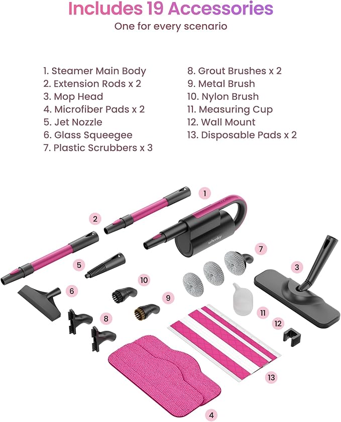 Schenley 19-in-1 Steam Mop Dual-Rod Design with Detachable Handheld Steamer for Walls, Grouts, Hard Floors, Tiles, includes Multi-purpose Accessories, Washable Microfiber Pads and Disposable Pads