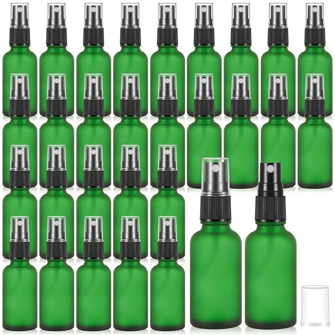 Roshtia 30 Pcs 1 oz /30 ml Green Glass Spray Bottle Refillable Perfume Atomizer Frosted Decorative Empty Bottles with Fine Mist Sprayer Pump for Face Body Travel