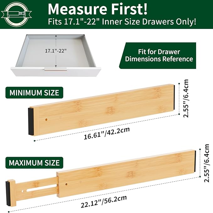 Dunruz 6 Pack Bamboo Drawer Dividers 2.6" High,17-22" Adjustable Spring Loaded Clothes Drawer Organizers for Kitchen, Dresser, Bathroom, Bedroom and Office