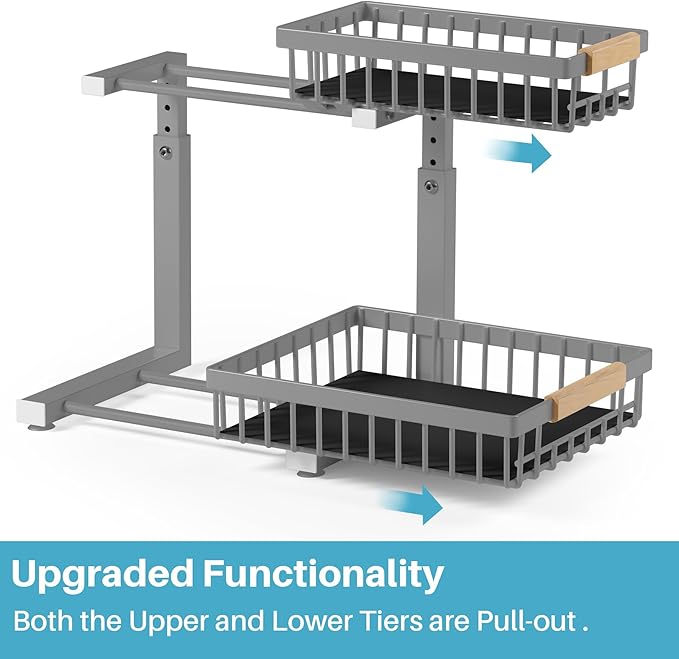 Jusdyrack 1 Packs 2 Tier Grey Under Sink Organizer,Under Sink Organizers and Storage, Slide Out Pull Out Cabinet Organizer Shelf, Metal Sliding Drawer for Kitchen Bathroom Cabinet Organization Rack