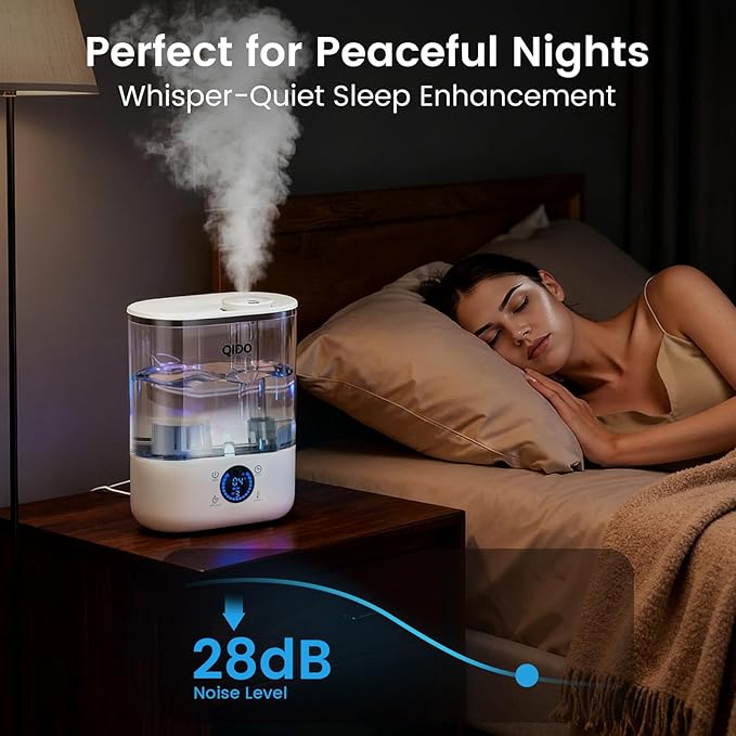 QIDO Top Fill Humidifiers for Bedroom, 5 L Cool Mist 36H Super Long Time, Quiet 28dB Essential Oil Diffuser for Baby & Plants, 3 adjustable Mist with Touch/APP/7-color Nightlight, Auto Shut-off, White