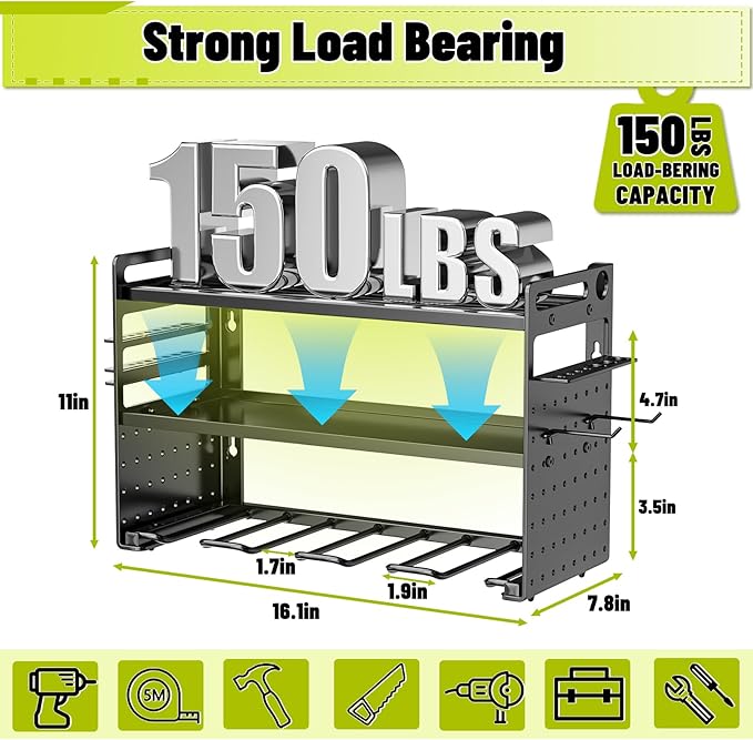 FaloStwer Power Tool Organizer Wall Mount, Drill Holder tool storage with Hooks & Screwdriver Organizer, Heavy Duty Iron 3 Layers Garage Storage Shelf for Workshop Shed Pegboard Basement(Black)