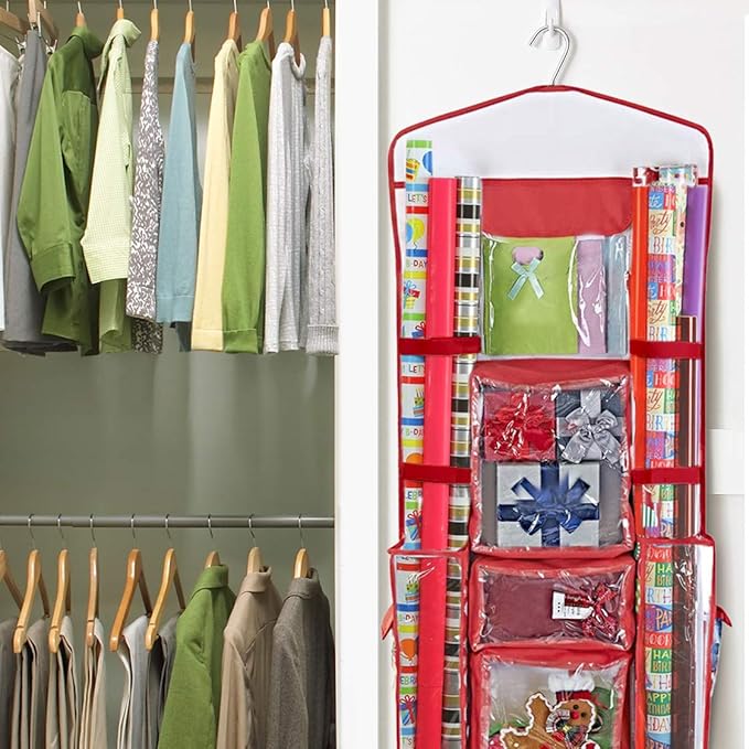 ProPik Hanging Double Sided Wrapping Paper Storage Organizer With Multiple Pockets Organize Your Gift Wrap, Gift Bags Bows Ribbons 40"X17" Fits 40 Inch Rolls Clear PVC Bag (Red)