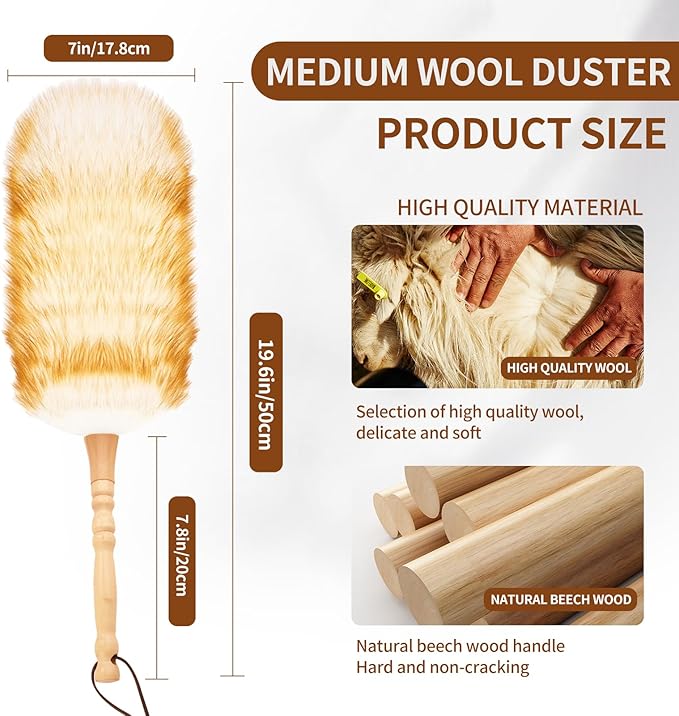 iHUFeather Lambswool Duster for Cleaning with Solid Wooden Handle Leather Hang Strap 19.6 inch Natural Feather Duster for Cleaning Ceiling Fans Window Blinds Computer Furniture(2 Pack)