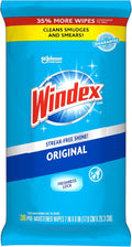 Windex Wipes Glass Cleaning, Pre-Moistened Glass and Surface Wipes to Clean Home Surfaces, Original Scent, 38 Count