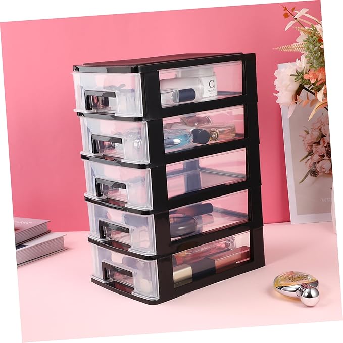 Multifunctional Five-layer Storage Cabinet Plastic Drawer Type Closet 5 Drawer Storage Tower Container Case with Clear for Home 8.3x5.9x12.3inch Black