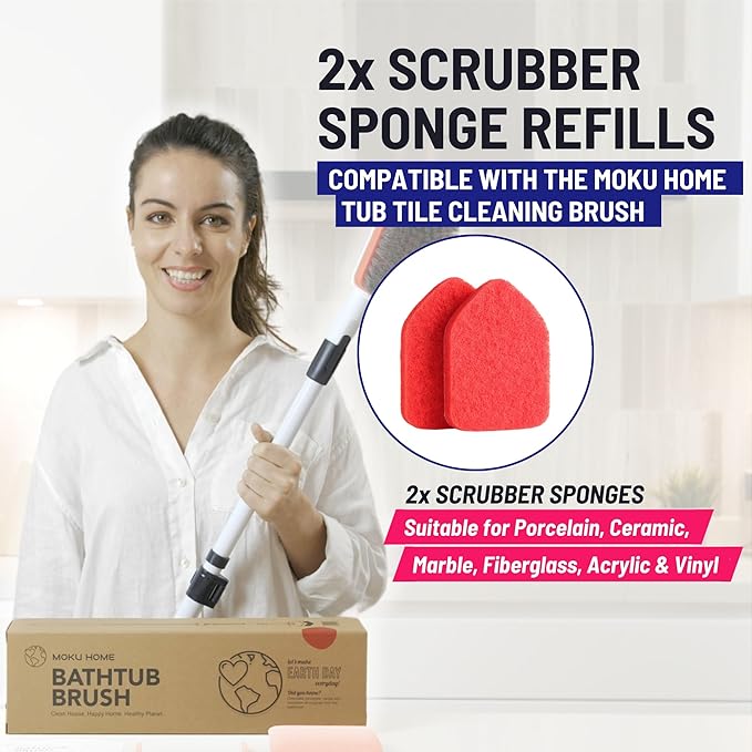 Moku Home Replacement Scrubber Refill for Moku Home Extendable Tub Tile Shower Brush for Cleaning Non-Scratch (2X Scrubber Sponge Red)