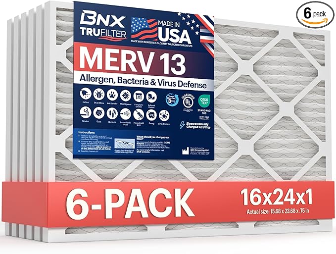 BNX TruFilter 16x24x1 Air Filter MERV 13 (6-Pack) - MADE IN USA - Electrostatic Pleated Air Conditioner HVAC AC Furnace Filters for Allergies, Pollen, Mold, Bacteria, Smoke, Allergen, MPR 1900 FPR 10