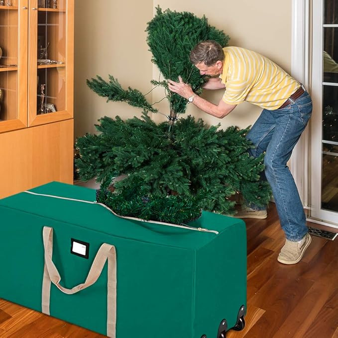 ProPik Christmas Rolling Tree Storage Bag, Fits Up to 9 ft. Tall Disassembled Holiday Tree, 28" X 16" X 60", Extra Large Heavy Duty Storage Container with Wheels, Front and Side Handles (Green)