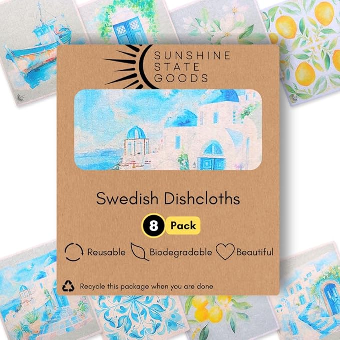 Sunshine State Goods Swedish Dishcloths for Kitchen - Ecofriendly Reusable Paper Towels, Biodegradable Dish Cloths - Cellulose Sponge Dish Cloths for Washing Dishes - 8 Pack (Mediterranean)