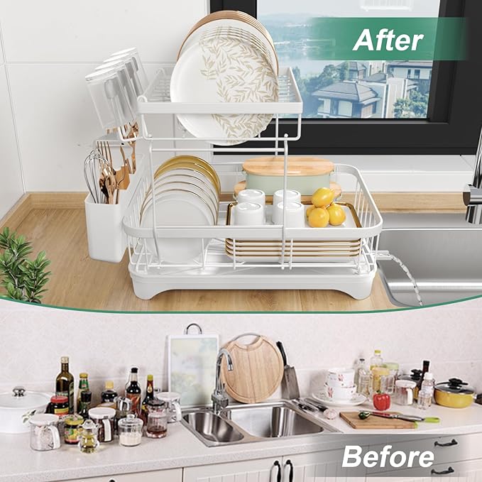 HOMEAILIE Dish Drying Rack, Two-Tier Dish Drying Rack with Utensil Holder and Cutlery Tray – Auto-Draining Large Capacity Dish Drainer with Drainboard for Kitchen Counter, White