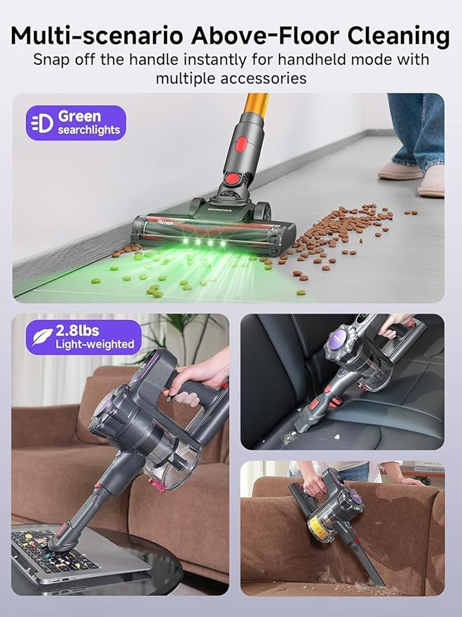 MONSGA Cordless Vacuum Cleaner, 45KPa 400W Stick Vacuum for Home, 50Mins Anti-Tangled Vacuum Cleaner with Charging Dock, Light-Weighted Handheld Vacuum for Pet Hair/Carpet/Floor (Gold&Purple)
