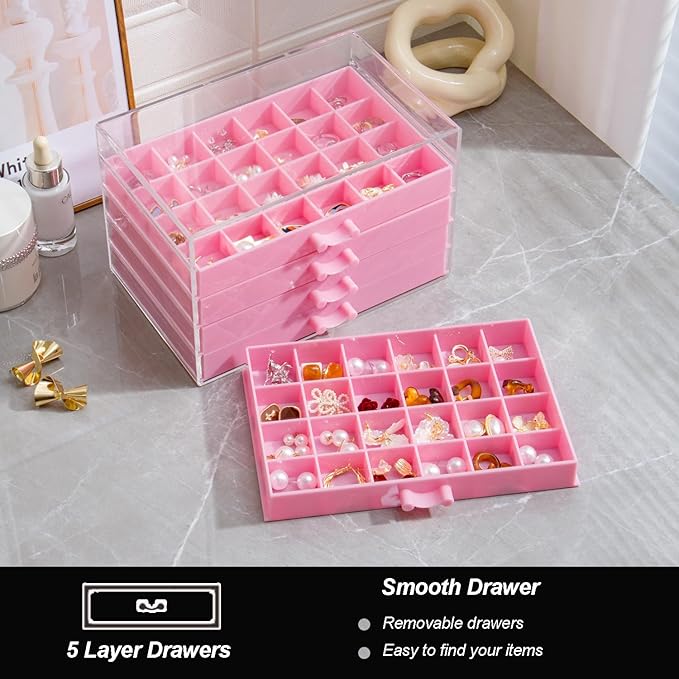 Earring Storage Box Organizer, Acrylic Jewelry Storage Box Holder 5 Drawers Transparent Jewelry Display Stand with 120 Small Compartments Gift Boxes for Women Girls (Pink)
