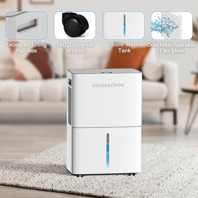 HXCOCKCROW Dehumidifier for Basement Home 1200 Sq. ft, 17 Pints Dehumidifiers with Drain Hose for Bedroom Bathroom Large Room RV, 3 Working Modes, Intelligent Humidity Control, 24H Timer, Auto Defrost