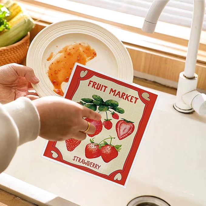 LARTSFRO Swedish Dishcloths for Kitchen, Pink Strawberries Peach Orange Lemon Swedish DishCloths for Summer Friut Market, 4 Pack Dish Towels for Kitchen, Papaya Reusable Paper Towels Washable