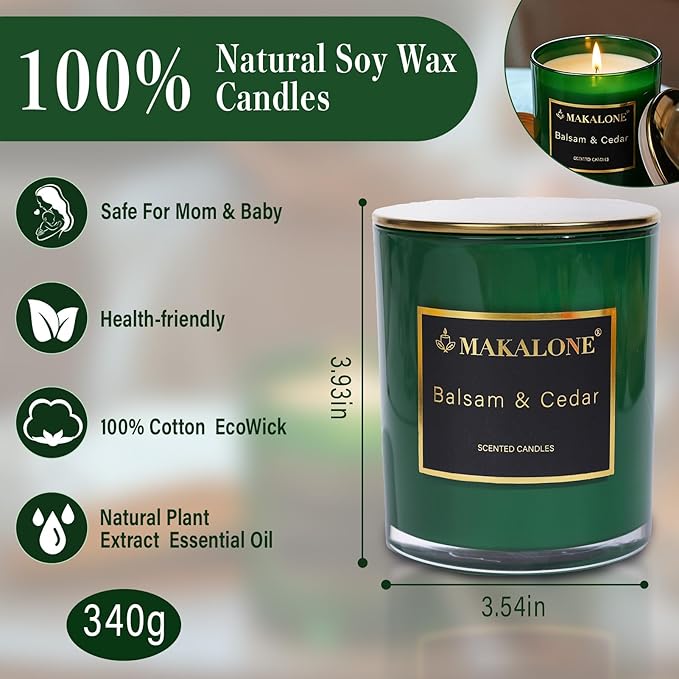 Balsam Fir & Cedarwood Scented Candles for Home-9oz Soy Wax Candle in Forest Green Jar,60H Long Lasting, Pine Forest Aromatherapy for Stress Relief,Meditation & Bathroom,Woodland Gifts for Men & Women