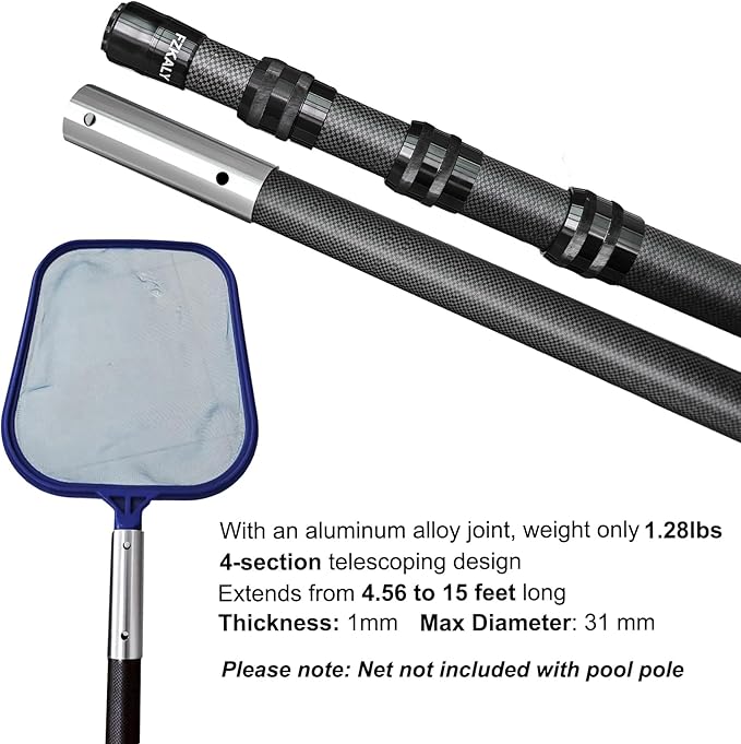 Carbon Fiber Pool Pole, Professional 15 FT Telescoping Swimming Pool Cleaning Pole 4.6 to 15 FT, Ultra-Lightweight 4-Section Adjustable Skimmer Pole for Nets, Brushes, Vacuums – Rustproof