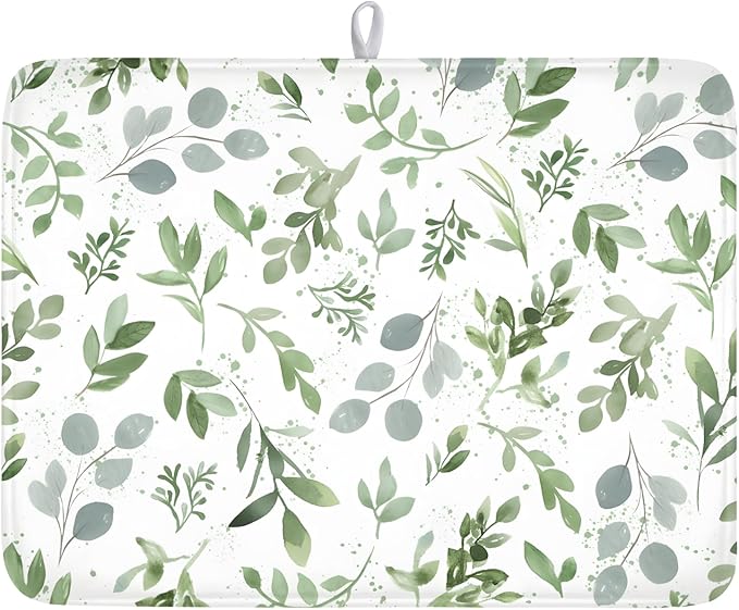 ABSOP Spring Summer Sage Green Leaves Dish Drying Mat 18 x 24 Inch Spring Eucalyptus Leaf Dish Drainer Rack Mat Absorbent Microfiber for Holiday Kitchen Coffee Dining Bar Decor