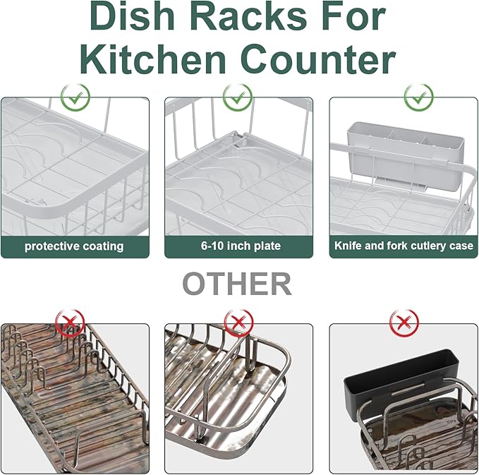 LIYI Dish Drying Rack,Adjustable Spout Design, Kitchen Dish Racks,Made of Iron Material,with Removable Draining Board,Suitable for Kitchen and Caravan Use Scenarios,White