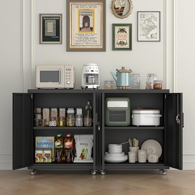 Metal Storage Cabinet,Lockable Garage Storage Cabinets with Wheels,Rolling Tool Cabinet with Doors and Shelves,Basement,Office,Black