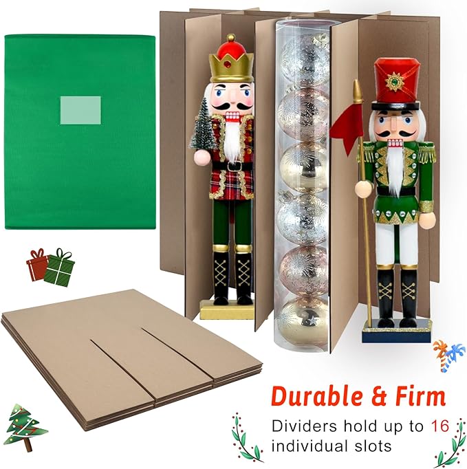 Christmas Nutcracker and Figurine Collectible Storage Box, Fits 16 Holiday Ornaments, Stores Up to 16" Tall Ornaments, Holiday Decor Organizer with Dividers, Nutcracker not Included(Green)