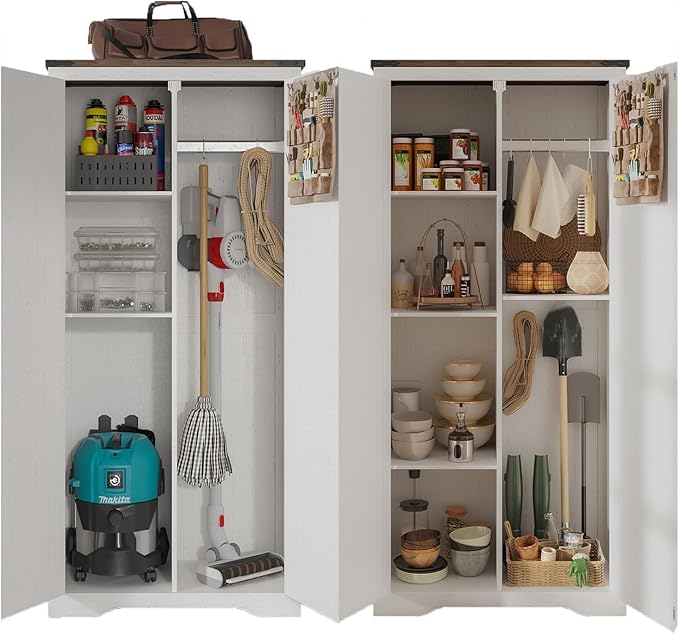 Set of 2 Farmhouse Storage Cabinet with Adjustable Shelves, Large Pantry Organize with 2 Barn Doors, Freestanding Cabinet for Kitchen, Garage, Basement, Living, Utility Room, Off-White