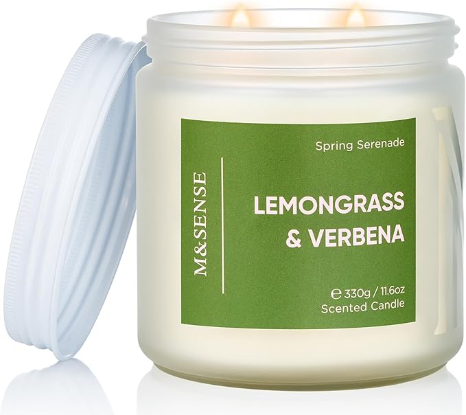 M&SENSE Lemongrass Verbena Scented 11.6oz 70 Hours Burn Non Toxic Natural Soy Wax Long Lasting Summer Scented Candle for Home Decor Aromatherapy Best Smelling Gifts for Him