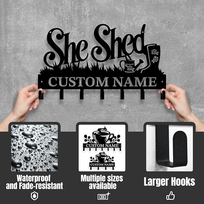 Personalized She Shed Metal Keys Hooks,Custom Name Metal She Shed Keys Hooks,Black Metal She Shed Wall Home Storage Decorative Keys Hooks,Key Holder Hooks for Wall (Style G)