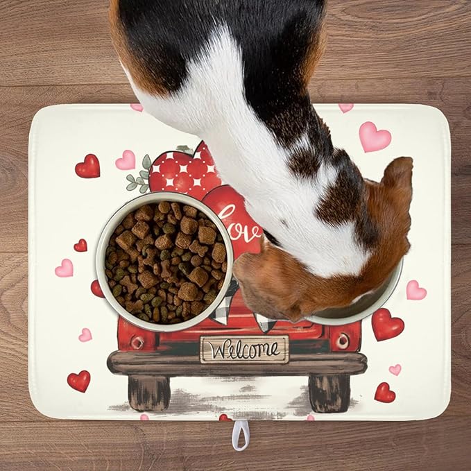 Valentines Day Red Truck Dish Drying Mat for Kitchen Counter 24x18 Inch Pink Heart Drying Mat with Absorbent Reversible Microfiber Love Dish Drainer Mats Rack Pad for Coffee Countertop Protector