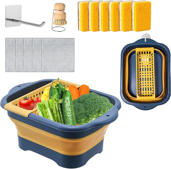 Collapsible Dish Basin & Wash Basin – 11L(2.91 Gal) Portable Sink with Drain Plug, Foldable Kitchen/Camping Sink for Dishwashing, Vegetable, RV, Camping & Outdoor Use (BLUE)
