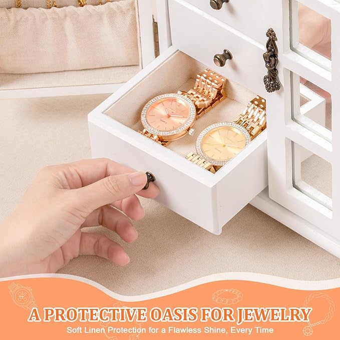 Jewelry Box Organizer, Farmhouse Wooden Jewelry Boxes for Women Girls, 6 Layer Jewelry Case Storage with Bracelet Holder Display Hooks for Necklaces Earrings Rings Bracelets (Weathered White)