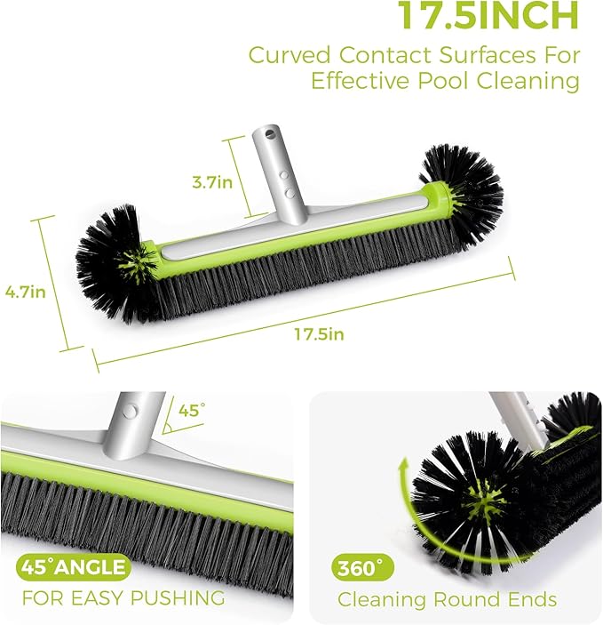 BoxedHome Pool Brush Head with Round Ends,Heavy Duty Pool Brushes for Cleaning Pool Walls, Floors Steps & Corners, 17.5" Pool Brush with Sturdy Aluminum Handle & Durable Nylon Bristles