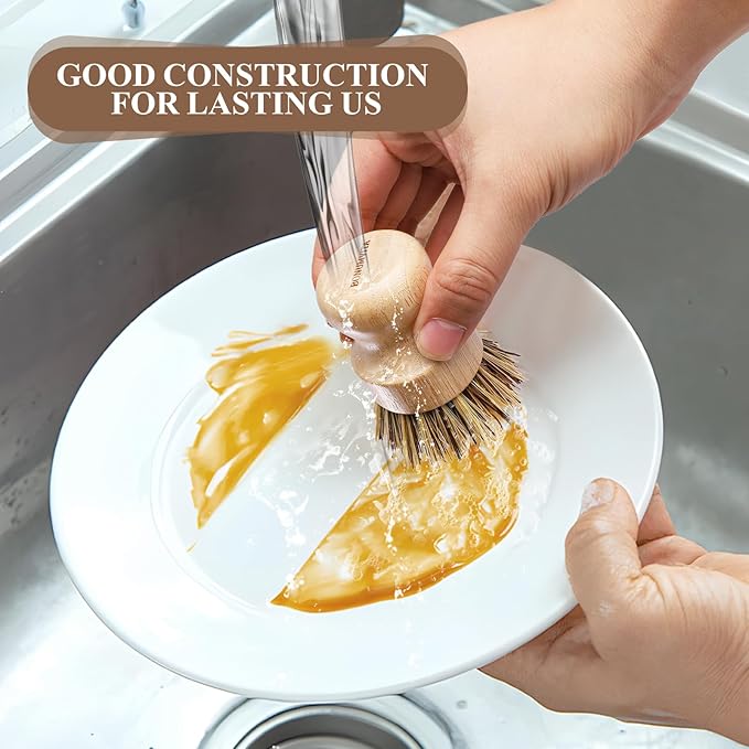 BONUMVITA Bamboo Dish Brush Set,4 Pack Kitchen Palm Pot Brush with Union Fiber, Natural Bamboo Dish Scrub Brush for Cleaning Pots,Pans,Sinks,Woks,Vegetables