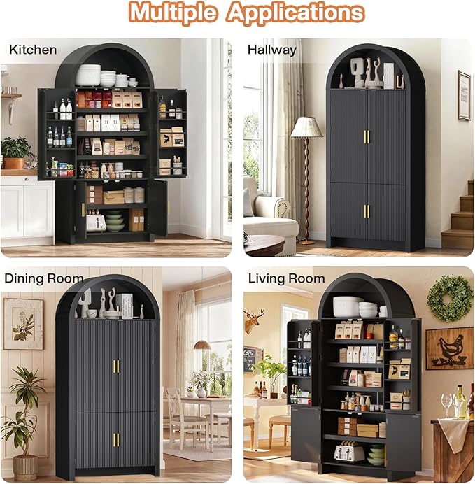 71" Tall Arched Pantry Cabinet, Arched Fluted Kitchen Storage Cabinet with Doors and Adjustable Shelves, Modern Black Cupboard Organizer for Kitchen, Dining Room, Living Room