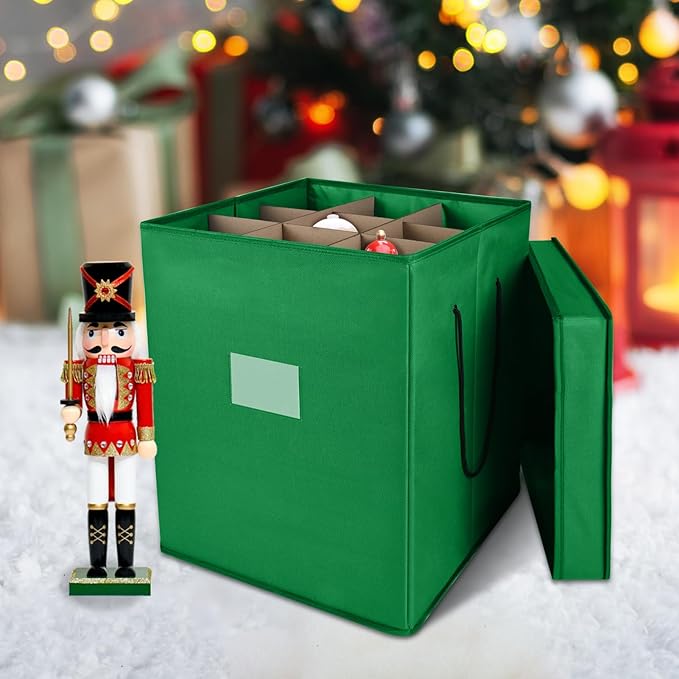 Christmas Nutcracker and Figurine Collectible Storage Box, Fits 9 Holiday Ornaments, Stores Up to 16" Tall Ornaments, Holiday Decor Organizer with Dividers, Nutcracker not Included(Green)