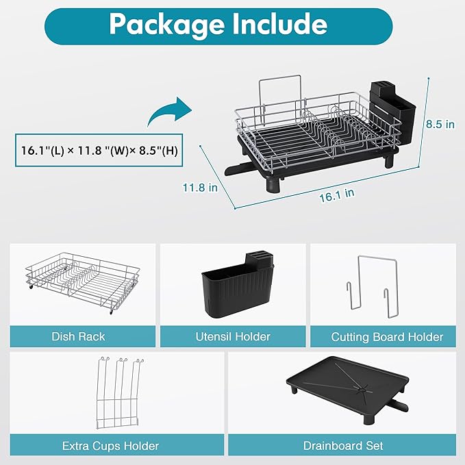 BOOSINY Stainless Steel Dish Drainers Drying Rack for Kitchen Counter with Automatic Drainage, 1 Tier Rust Proof Metal, Space Saving, Modern Aesthetic, Compact Plates Strainers,Gray