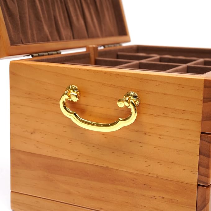 Wooden Jewelry Box,Vintage Jewelry Organizer with Lock,3 Layers Large Capacity Jewelry Holder Watches Necklace Ring Storage Box (Wooden)