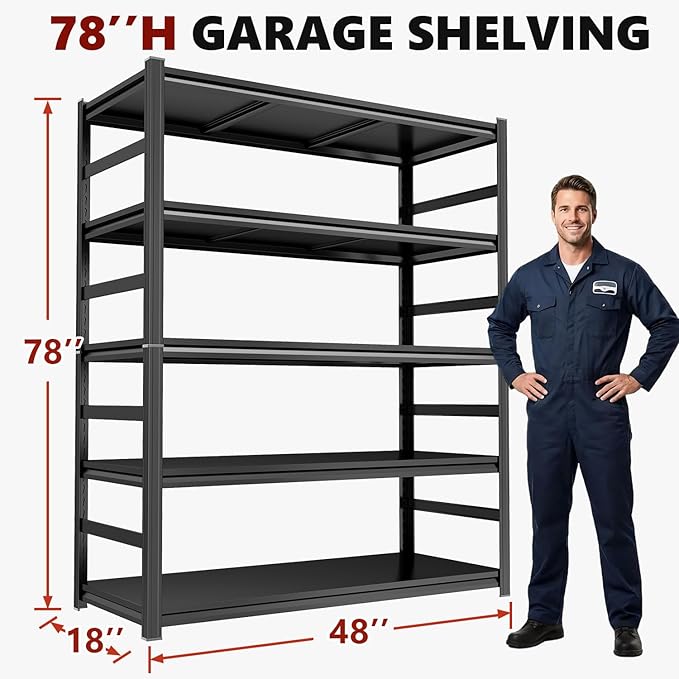 Notmise 48" W Garage Shelving Heavy Duty Metal Shelves 5 Tier Adjustable Shelf Unit 3000 lbs Capacity Storage Stand Organizer for Warehouse and Basement,Black,78" H