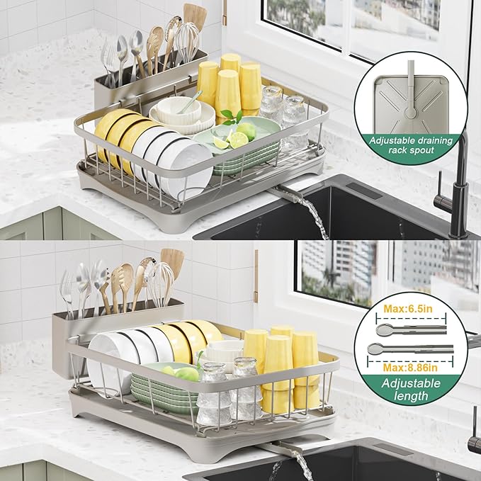 LIYI Dish Drying Rack, Adjustable Spout Design,Kitchen Dish Racks,Made of Iron Material,with Removable Draining Board,Suitable for Kitchen and Caravan Use Scenarios,Grey