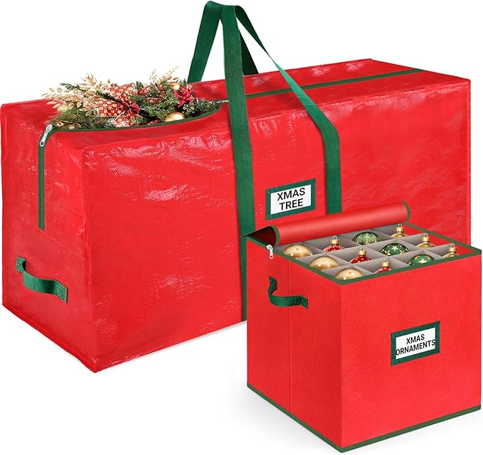 StorageRight Christmas Tree Bag & Ornament Storage Box 2Pcs Set, Waterproof 9 Ft Tree Storage & 64-Compartment Organizer with Dividers, Tag Pockets & Handles, Heavy-Duty Xmas Decor Containers, Red