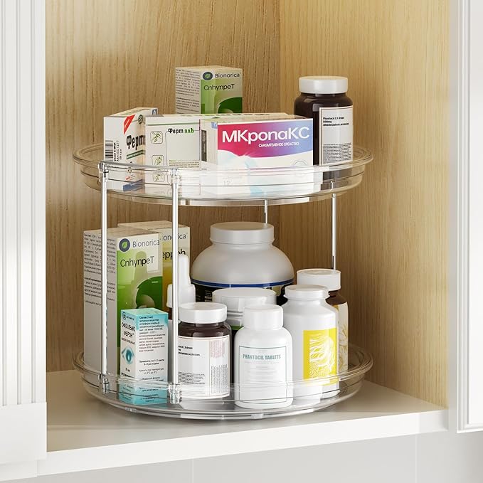 LazySpin 2 Tier Lazy Susan Organizer, 9.25'' Lazy Susan Turntable for Cabinet, Stackable Turntable Organizer Rotating Spice Rack Organization for Kitchen Countertop, Pantry, Bathroom, Clear