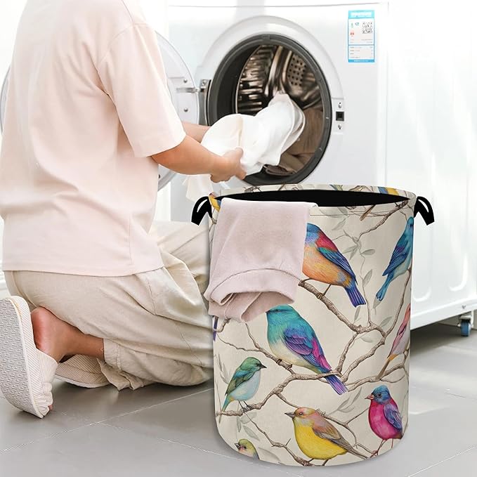 Colorful Bird Laundry Basket,Branches Foldable Oxford Cloth Tote Bag Laundry Hamper Clothes Storage Bucket Organizer for Bedroom Laundry Storage Dormitories 16" x 20.8"