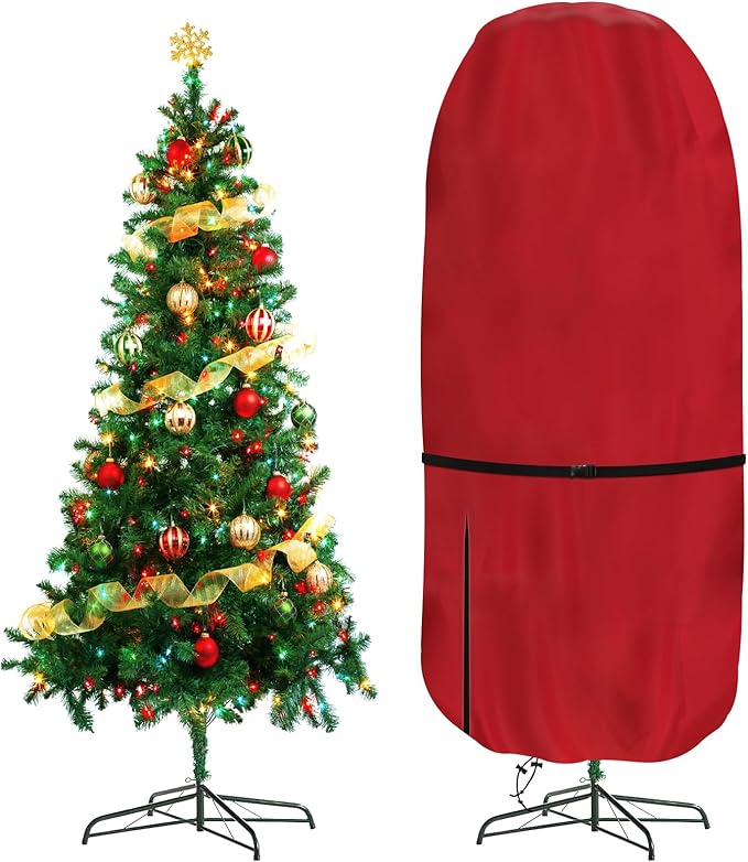 Upright Christmas Tree Storage Bag - Fits Topiary Trees Up to 6ft, Durable Lightweight Vertical Cover for Holiday Trees & Topiaries, Easy Xmas Storage (Red, 6FT)
