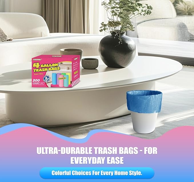T.FORING 300 Count 4 Gallon Small Trash Bags - 15 Liter Colored Garbage Bags Unscented Wastebasket Liners Heavy Duty & Leakproof Plastic Can Liners for Bathroom Office Bedroom Toilet Car