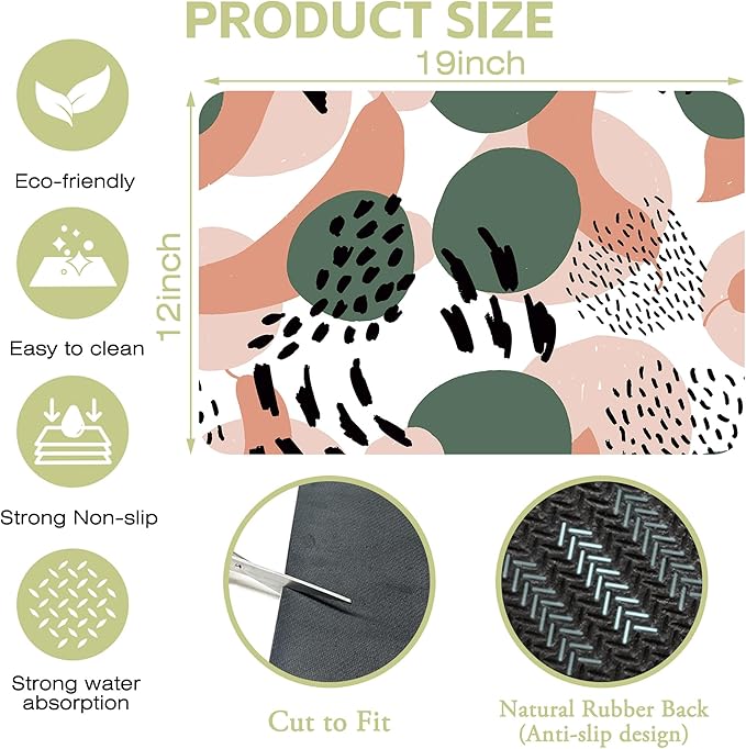 Dish Drying Mat Abstract Dots Lines Doodle Pattern Kitchen Mat 12"x19" Bsorbent Coffee Maker Mat for Dishes Utensils Coffee Maker Pots and Pans Easy Clean Dish Slip Resistant Pad