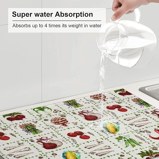 Vegetables Peppers Corn Dish Drying Mat 18x24 For Kitchen Counter Absorbent Microfiber Dishes Pad Dish Drainer Rack Mats Fast Dry Kitchen Accessories