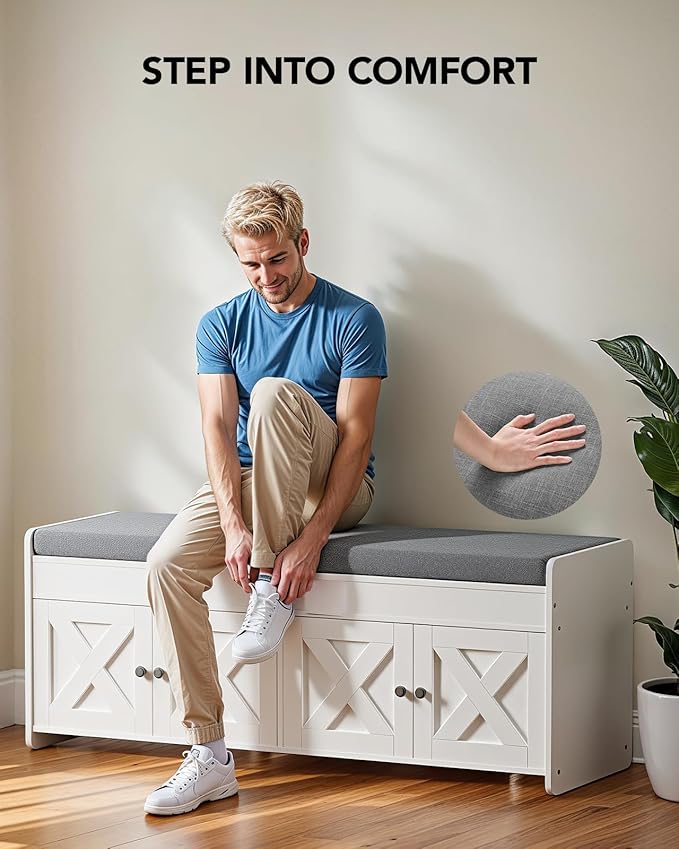 Amada Shoe Storage Bench, 47.2" Long Entryway Bench with Cushioned Seat & Lift Top Storage, 4 Doors, Adjustable Shelf, 300 lbs Capacity, Bench with Shoe Rack for Entryway, Bedroom, Living Room, White