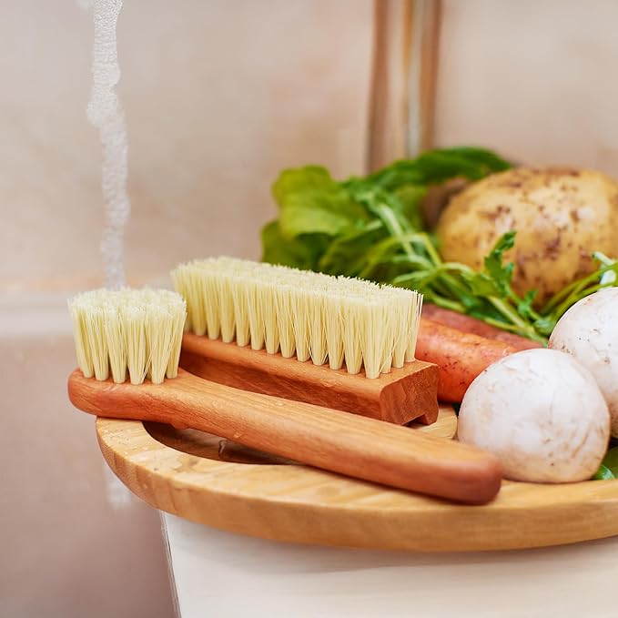Vegetable Brush Set of 2 - Fruit and Vegetable Brush Scrubber for Food, Potato Scrubber, Mushroom Brush with Comfortable Wooden Handle, Veggie Brush for Carrots, Natural Produce Cleaning Brush